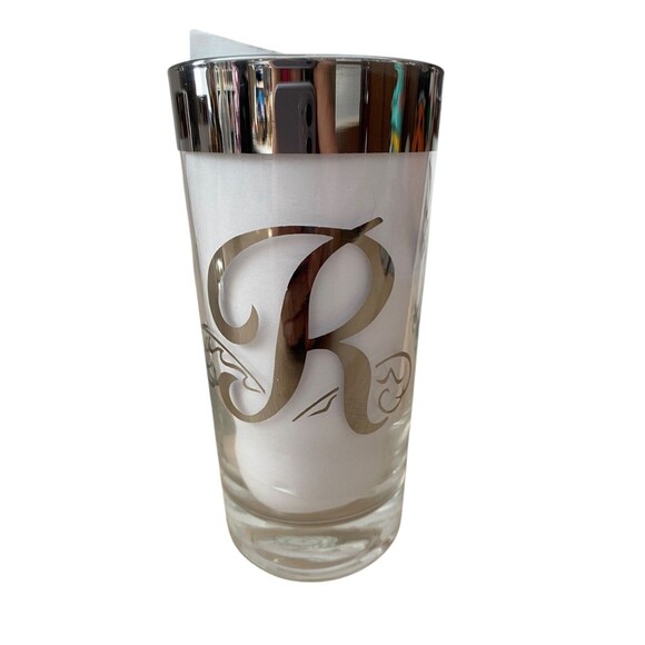 Set of 4 Vintage Silver Rim Highball Glasses Monogram R MCM Barware 5.5" - Picture 6 of 11